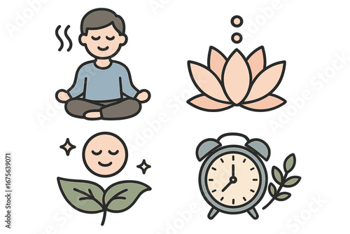 Mindfulness and time management icon set. Vector illustration of meditation, lotus flower, serene face, and clock. Concepts of relaxation, self-care, mental health, and zen.