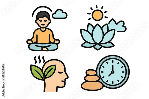 Mindfulness and relaxation icon set. Meditation, yoga, and time management symbols. Vector illustrations for mental health, well-being, stress relief, and balance concept.