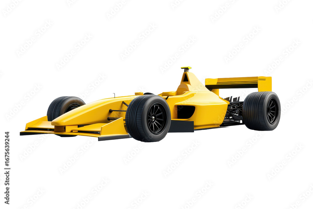 Fototapeta premium High performance formula racing car displayed in vibrant colors with detailed design features and advanced aerodynamics during a studio showcase in bright lighting