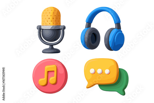 3D podcast icon set with microphone, headphones, music note and chat bubble. Vector cartoon illustration for streaming, broadcast, audio app and UI UX web design elements.