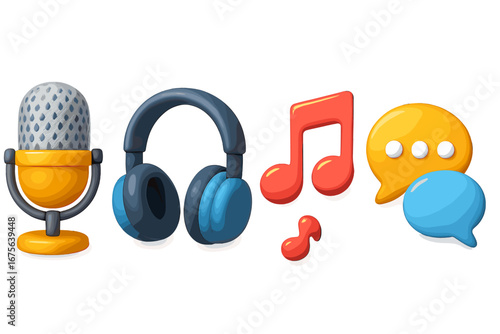 Podcast 3d icon collection. Microphone for broadcast, voice record, audio streaming. Headphone for music. Chat bubble for dialogue. Social media communication symbols set.