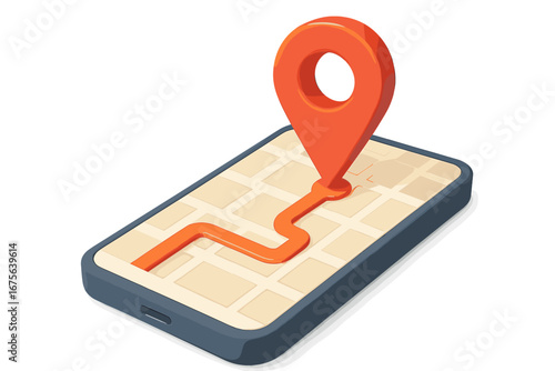 GPS navigation application on smartphone screen. 3D map with route and red destination pin pointer. Concept for travel, location search, tracking, delivery. Isometric vector.
