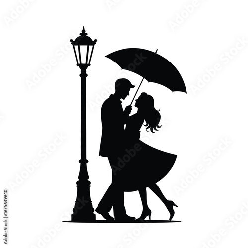 Romantic couple embracing under lamppost silhouette illustration for vector graphics silhouette vector illustration white background