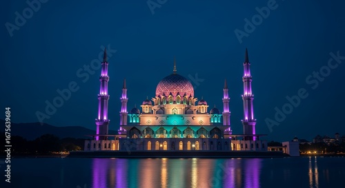 Majestic Putra Mosque illuminated at night reflecting vibrant colors on tranquil water.