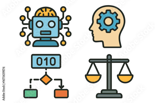 Artificial intelligence icon set. AI ethics, machine learning, robot brain, algorithm flowchart, human mind with gear, balanced scale. Technology process vector collection.