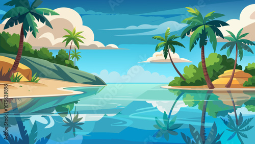 Vector art of a tropical paradise with palm trees lining the beach, crystalclear water reflecting the sky, and a sense of tranquility and relaxation on a sunny day