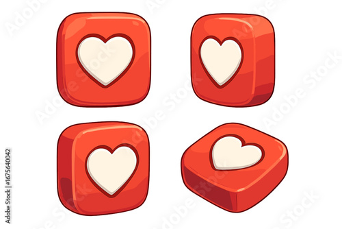 3D social media like icon set with heart symbol. Vector cartoon favorite button logo for mobile app & web UI. Love, notification & follower sign from different angles.