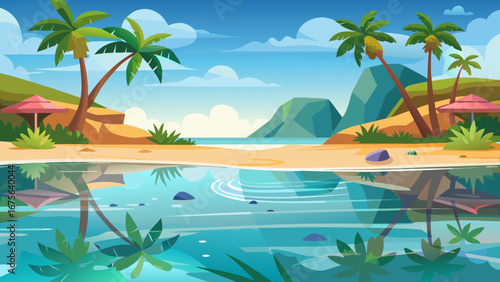 Vector art of a serene tropical beach landscape featuring palm trees, clear turquoise water, and distant mountains under a partly cloudy sky, creating a relaxing vacation vibe