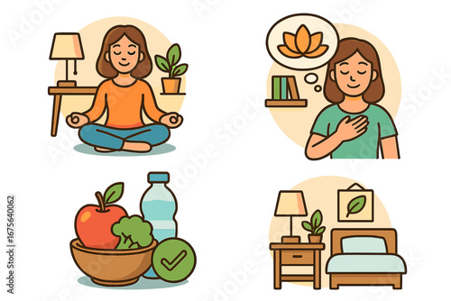 Wellness icons set with woman practicing healthy habits. Meditation, mindfulness, healthy eating, and good sleep. Self-care and mental health concepts. Vector cartoon illustration.