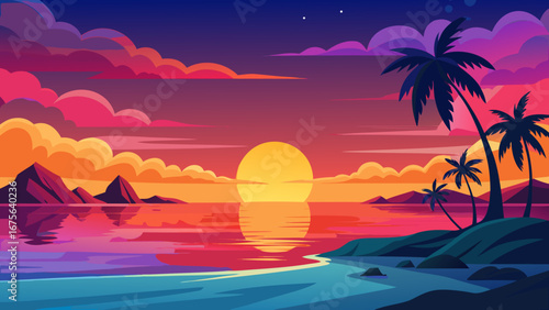 Vector art of a vibrant sunset over a tranquil sea with palm trees, creating a beautiful tropical island landscape with colorful clouds and reflections
