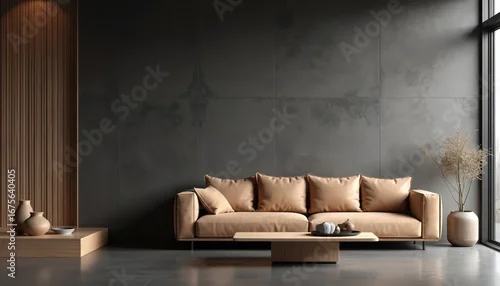 Fototapeta samoprzylepna Minimalist living room features light brown sofa against dark gray concrete wall. Light brown wooden coffee table with decorative items sits in front of couch. Modern interior design offers sense of