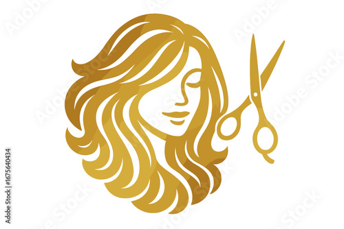 Golden woman silhouette logo with scissors for beauty salon or hairdresser. Elegant female face with long hair for hair stylist, spa, fashion and cosmetic branding concept.