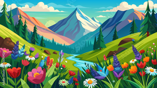 Vector art of vibrant mountain landscape with a flowing river and colorful wildflowers, capturing the essence of spring in a picturesque natural environment