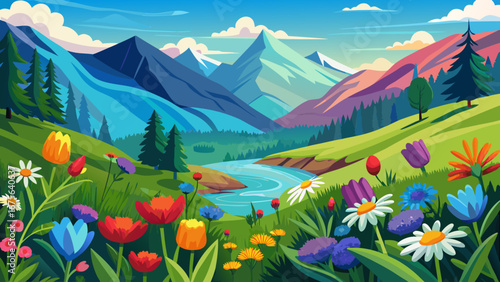 Vector art of scenic mountain landscape with a flowing river and vibrant wildflowers, capturing the beauty of nature in spring and summer, perfect for travel and tourism