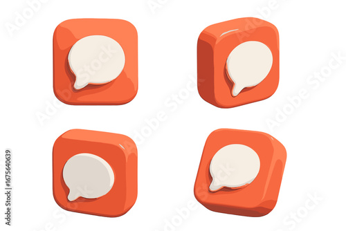 Set of 3D social media message icons. Chat bubble notification symbol from different angles. Vector cartoon illustration for app logo, communication, or comment button.