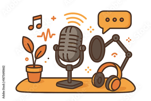 Podcast concept vector illustration. Broadcasting and streaming equipment. Studio microphone, headphones for radio show, interview, or webinar. Audio content creation.