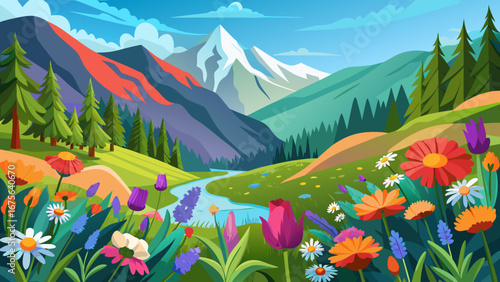 Vector art of colorful mountain landscape with vibrant flowers in a valley, showcasing the beauty of nature and a peaceful outdoor scene with a flowing river