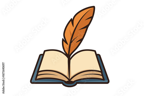 Classic writer logo with open book and feather quill. Vector icon for storytelling, literature, education, and history. Concept for library, publisher, author, or poet symbol.