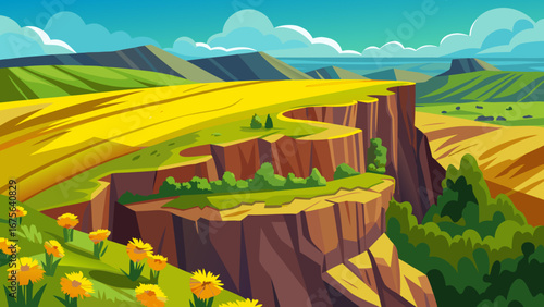Vector art of beautiful grand canyon landscape with high cliffs and green valley under blue sky on a sunny day, perfect for travel and tourism
