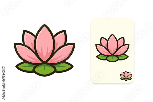 Lotus flower logo icon. Pink water lily symbol for yoga, spa, wellness, beauty salon. Vector cartoon illustration. Meditation, harmony, spiritual, nature, floral design.