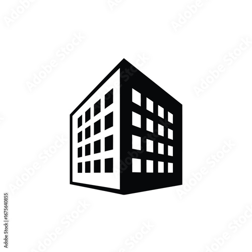 Minimalist black and white vector illustration of a cube-shaped building icon scalable for eps silhouette vector illustration white background