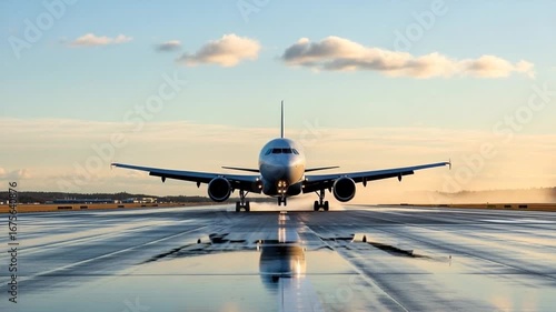 Commercial Airplane Landing on Wet Runway at Sunset with Fluffy Clouds and Golden Horizon