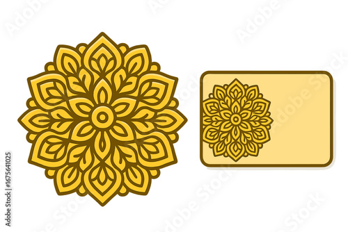Golden mandala logo with business card design template. Vector branding identity set for yoga, spa, or wellness. Oriental floral ornament. Luxury decorative ethnic element.