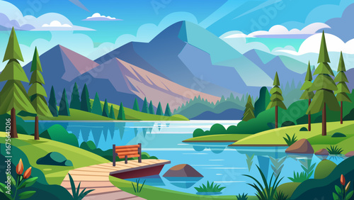 Vector art of scenic mountain lake landscape with a tranquil bench, lush forest, and a serene atmosphere perfect for relaxation and outdoor adventures