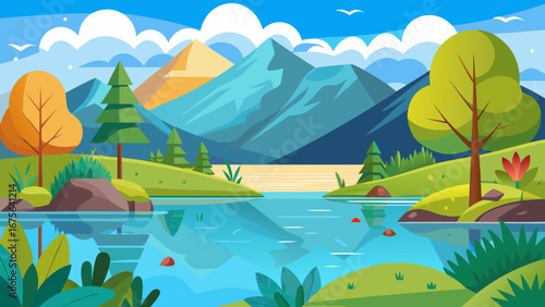Vector art of a picturesque lake reflecting the mountains, trees, and sky, creating a serene and colorful nature landscape with vibrant hues