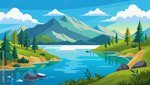 Vector art of breathtaking mountain lake landscape with clear water reflecting the sky, surrounded by lush greenery, creating a serene and inviting scene