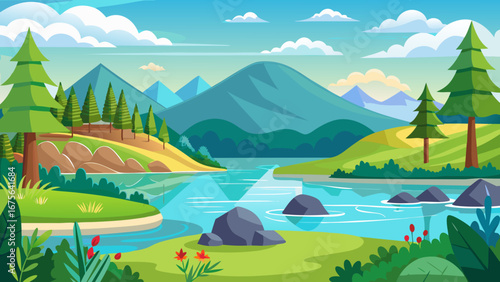 Vector art of picturesque mountain lake landscape featuring a serene lake, lush forest, and majestic mountains under a bright sky with fluffy clouds in cartoon style