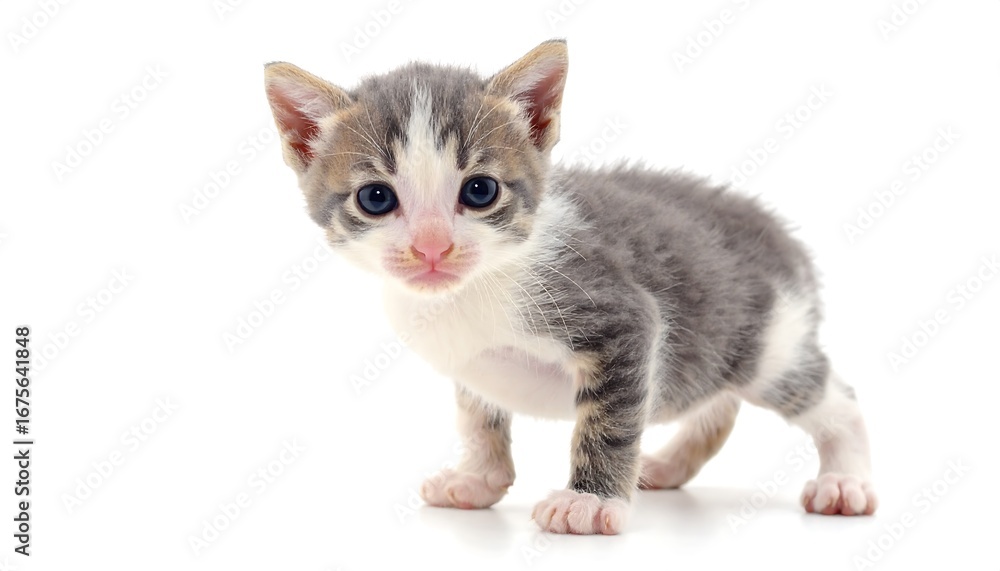 Obraz premium Small kitten, standing, looking directly at camera