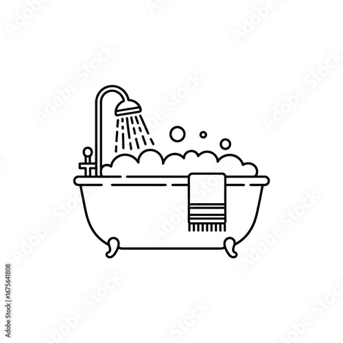 Simple line art illustration of a bathtub with shower and towel silhouette vector illustration white background