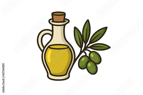 Olive oil branch logo design with green olives and leaves, vector cartoon illustration of olive branch and bottle of olive oil, transparent background, healthy Mediterranean food icon