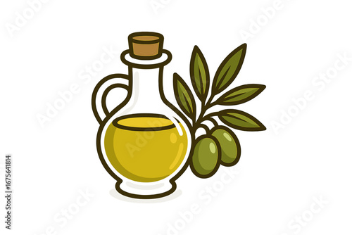 Olive oil branch logo design, vector cartoon illustration with transparent background, natural olive tree leaves and ripe olives, healthy food ingredient, Mediterranean seasoning concept