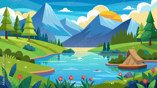 Vector art of scenic mountain landscape with lake, trees, and hut, offering a tranquil and idyllic view of natures beauty in a summer vacation destination