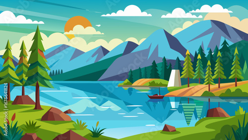 Vector art of picturesque mountain landscape with tranquil lake, lush trees, and a charming boat, offering a serene escape into natures beauty and tranquility
