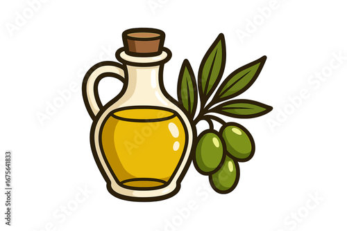 Olive oil bottle with green olive branch cartoon vector illustration, natural organic cooking oil, Mediterranean food ingredient, kitchen and gourmet cooking design