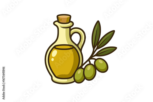 Olive oil branch logo design with green olives and bottle, vector cartoon illustration, natural product emblem, healthy oil branding, transparent background