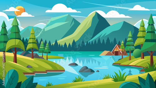 Vector art of captivating mountain landscape with serene lake, lush trees, and a cozy hut, inviting exploration and relaxation in natures embrace
