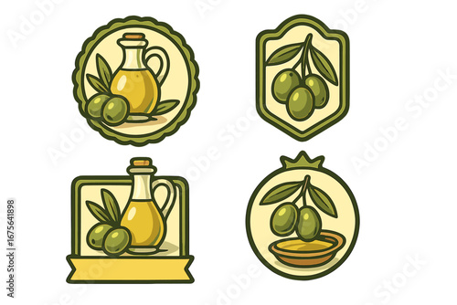 Olive oil label logo badge design set with cartoon style green olives and glass bottles, vector illustration of natural olive branch, premium olive oil icons with transparent background