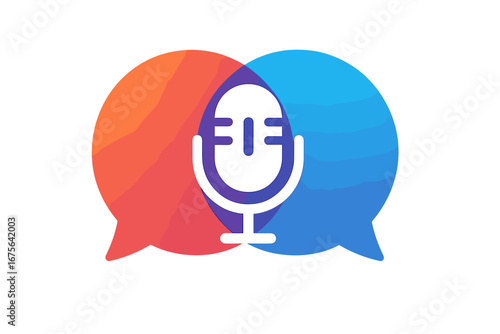 Overlapping colorful chat bubbles with microphone podcast logo, vector cartoon illustration with transparent background, communication and audio broadcasting concept, social media design