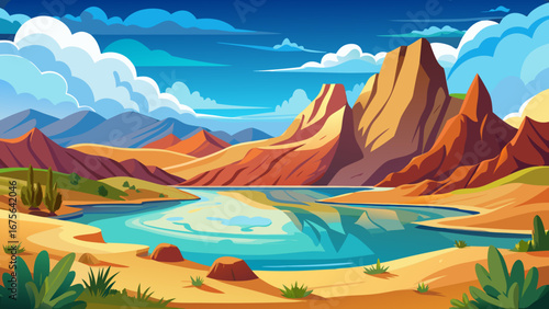 Vector art of a picturesque desert landscape featuring towering mountains reflected in a calm lake, with cacti and lush greenery under a cloudy blue sky
