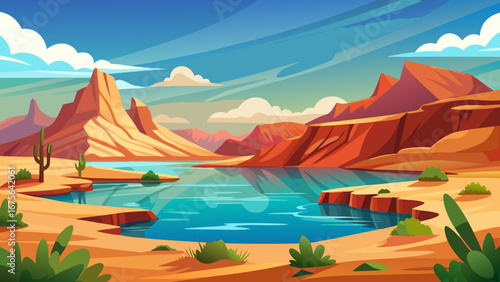 Vector art of a vibrant desert landscape with towering rock formations, a tranquil lake reflecting the sky, and sparse vegetation under a bright blue sky