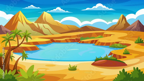 Vector art of serene desert landscape featuring a tranquil oasis with palm trees, mountains, and a clear blue sky, creating a peaceful and inviting scene