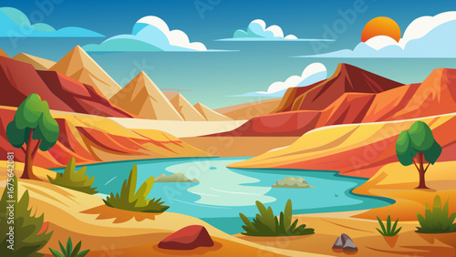 Vector art of vibrant desert landscape with a serene oasis, featuring colorful mountains, lush vegetation, and a clear blue sky, creating a peaceful and inviting scene