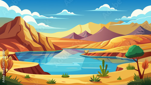 Vector art of scenic desert landscape featuring a tranquil lake surrounded by mountains, lush vegetation, and a clear blue sky, creating a peaceful and inviting scene