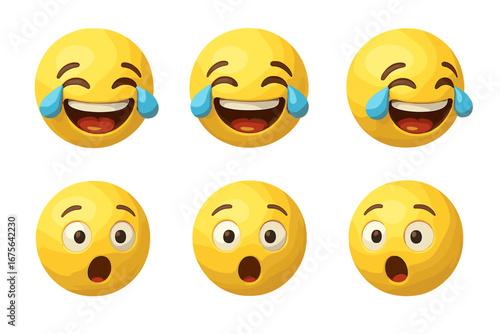 3D Emoji Set Laughing Crying and Surprised Wow Faces in Multiple Angles, Cartoon Style Vector Illustrations with Transparent Background, Emotions and Reactions Collection