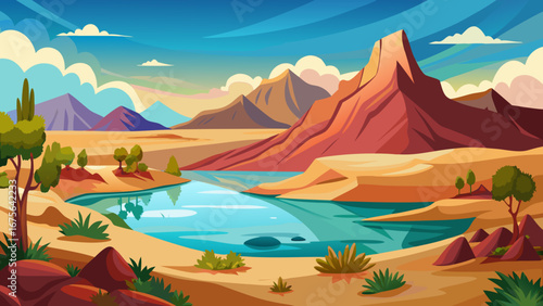 Vector art of a picturesque desert landscape featuring a serene lake reflecting the sky, surrounded by majestic mountains and lush trees under a cloudy sky