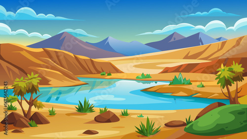 Vector art of vibrant desert landscape featuring a tranquil oasis, majestic mountains, and lush vegetation under a clear blue sky, creating a scenic vista
